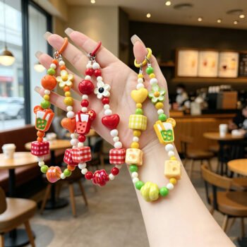 Dopamine Heart Milk‑Tea Cup Beaded Phone Chain, Anti‑Lost Cord & Keychain