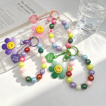 Colorful Sunflower DIY Keychain with Fresh Round Ball Chain, Heart Rainbow Bag Ornament