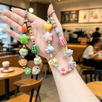 Hand‑Painted INS Colorful Beaded Phone Ring, CCD Camera Keychain Lanyard