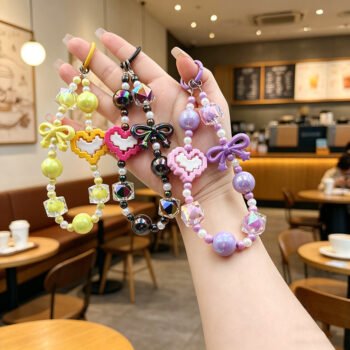 Cute Oil‑Drip Bow Heart Beaded Phone Chain Bag & Keychain Accessory