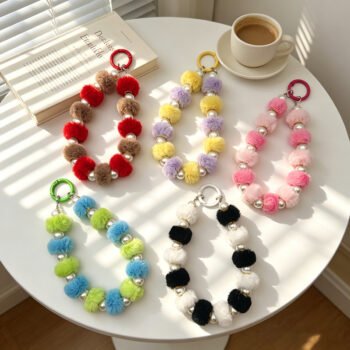 Plush Pom‑pom Lucky Cat Beaded Short Hanging Chain for Phone Case