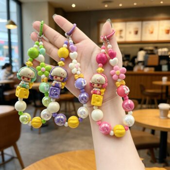Colorful Beaded Wrist Bracelet, Girls DIY Phone Chain Bag Car Key Pendant