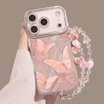 The pink butterfly phone case is compatible with the iPhone 16/17 series
