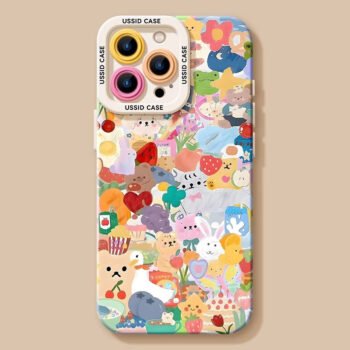 The Kitten and Bunny Party phone case is compatible with the iPhone 15/16 series