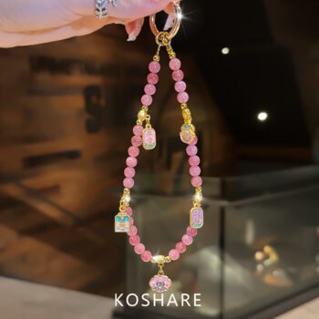 Luxury Niche Pink & Gilt Rhinestone Phone Chain, Women Handheld Bag Charm