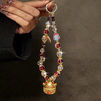 Lucky Cat New Year Crystal Phone Short Chain, Women Wrist Lanyard & Bag Charm