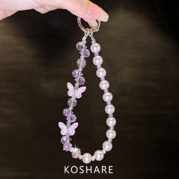 Luxury Misty Rain Pink Butterfly Rhinestone Phone Chain, Crystal Handheld Bag Charm