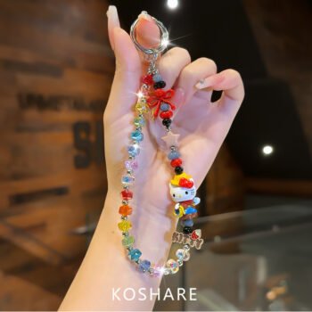 Rainbow KT Cat Rhinestone Phone Chain, Cute Crystal HandCarry Bag Charm